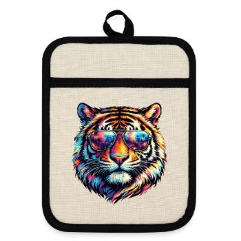 Psychedelic Tiger with Sunglasses - Pot holders with rubber back - linen/black  - Front