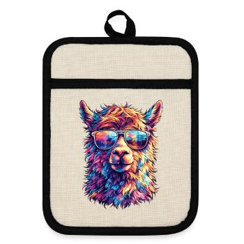 Llama in neon sunglasses - Pot holders with rubber back - linen/black  - Front