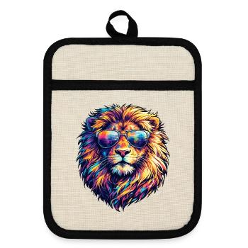 Neon lion with sunglasses - Pot holders with rubber back - linen/black  - Front