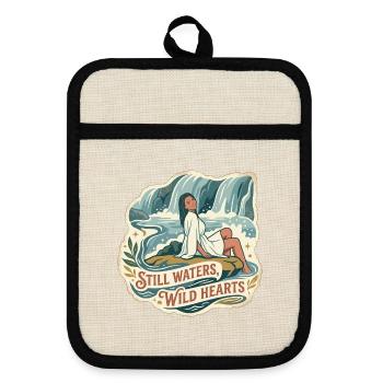 Woman by the waterfall in retro style - Pot holders with rubber back - linen/black  - Front