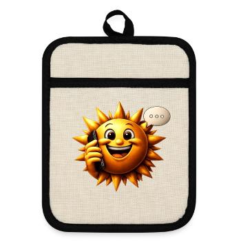 Sonnenlächeln am Telefon - Topflappen mit Gummirückseite - Leinen/Schwarz  - Vorne