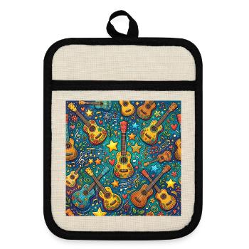 Psychedelische Gitarre Im 60er Hippie Stil - Topflappen mit Gummirückseite - Leinen/Schwarz  - Vorne