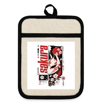 Streetwear Design "Sakura Kitsune" - Topflappen mit Gummirückseite - Leinen/Schwarz  - Vorne