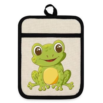 niedlich lächelnder Comic Frosch - Topflappen mit Gummirückseite - Leinen/Schwarz  - Vorne