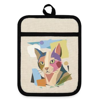 Abstract cat in modern color block design - Pot holders with rubber back - linen/black  - Front