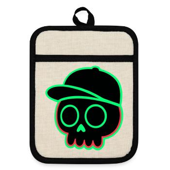 Neon Schädel Cap - Topflappen mit Gummirückseite - Leinen/Schwarz  - Vorne