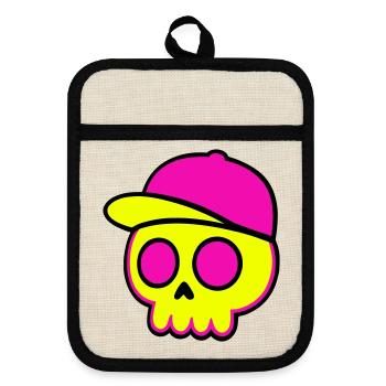 Neon Skull Cap Design - Topflappen mit Gummirückseite - Leinen/Schwarz  - Vorne
