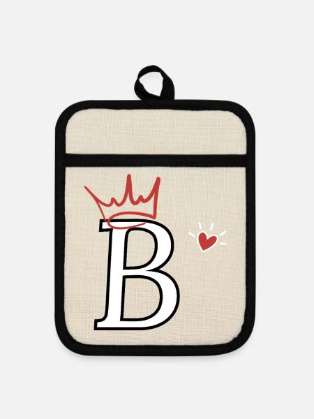 Buchstabe B Kronenherz - Topflappen mit Gummirückseite - Leinen/Schwarz