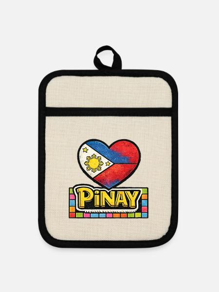 Pinay-Herz-Flagge mit bunter Rand - Topflappen mit Gummirückseite - Leinen/Schwarz