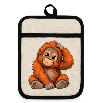Orang-Utan Kawaii Style – Süßer Affe - Topflappen mit Gummirückseite - Leinen/Schwarz  - Vorne