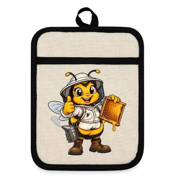 Hummel als Imker – Lustiges Bienenmotiv - Topflappen mit Gummirückseite - Leinen/Schwarz  - Vorne