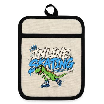 Inline Skating Dino auf Inlinern - Topflappen mit Gummirückseite - Leinen/Schwarz  - Vorne