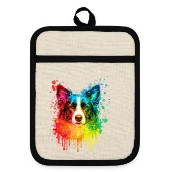 Border Collie Aquarell Illustration - Topflappen mit Gummirückseite - Leinen/Schwarz  - Vorne