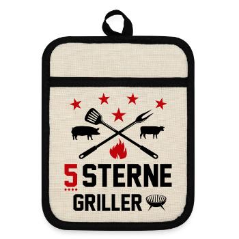 Sterne Griller Grillsprüche Grillparty BBQ - Topflappen mit Gummirückseite - Leinen/Schwarz  - Vorne