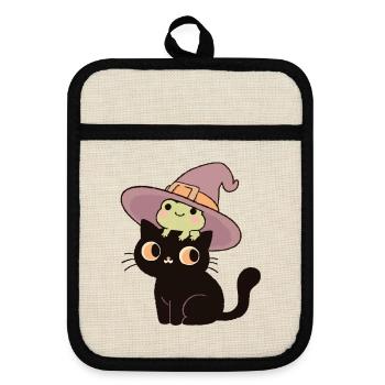 Schwarze Katze im Hexenhut mit Frosch  - Topflappen mit Gummirückseite - Leinen/Schwarz  - Vorne