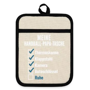 Handball Papa Tasche – Thermoskanne, Klappstuhl - Topflappen mit Gummirückseite - Leinen/Schwarz  - Vorne