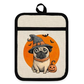 Mops Halloween - Topflappen mit Gummirückseite - Leinen/Schwarz  - Vorne