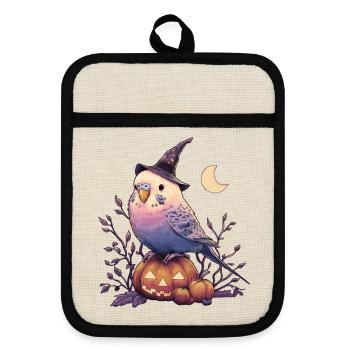 Wellensittich Halloween - Topflappen mit Gummirückseite - Leinen/Schwarz  - Vorne