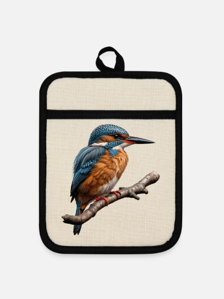 Lebendiger Eisvogel Natur Illustration - Topflappen mit Gummirückseite - Leinen/Schwarz