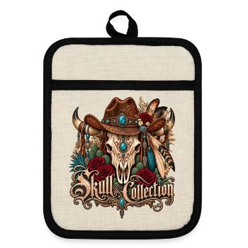 Skull Biker Buffalo Skull Horned Hut - Topflappen mit Gummirückseite - Leinen/Schwarz  - Vorne