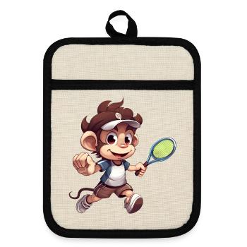 Tennis spielender Affe Schimpanse Cartoon - Topflappen mit Gummirückseite - Leinen/Schwarz  - Vorne