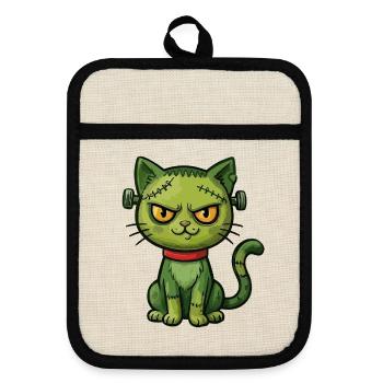 Grüne Zombie-Katze - Topflappen mit Gummirückseite - Leinen/Schwarz  - Vorne