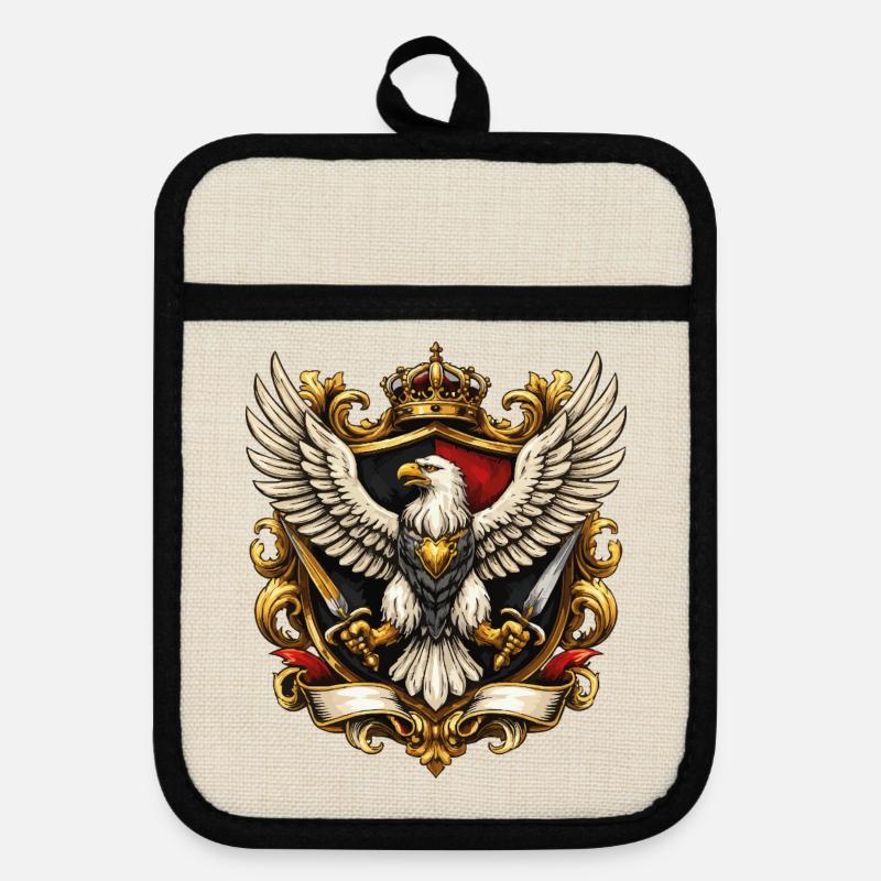 Imperial Eagle with Crown and Swords - Pot holders with rubber back - linen/black
