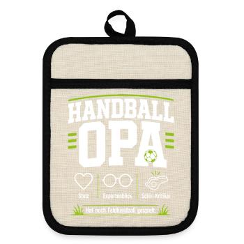 Handballopa Geschenk – Stolz & Expertenblick - Topflappen mit Gummirückseite - Leinen/Schwarz  - Vorne