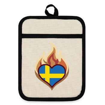 Sweden Flag Heart on Fire - Topflappen mit Gummirückseite - Leinen/Schwarz  - Vorne