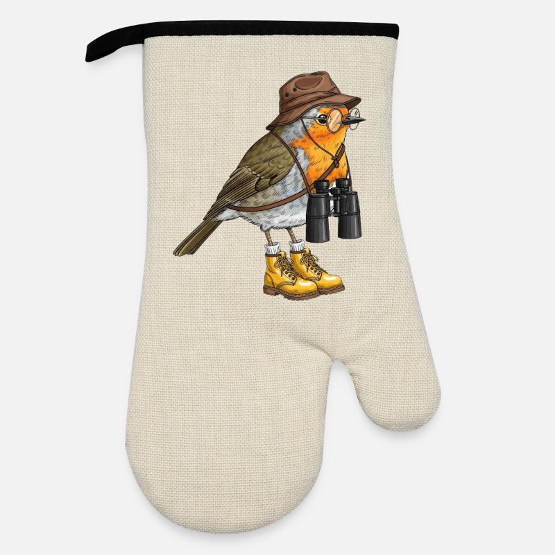 Explorer Robin with Binoculars - Oven glove with rubber coating - linen/black 