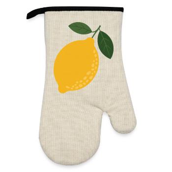Lemon & Leaves Illustration - Oven glove with rubber coating - linen/black  - Front