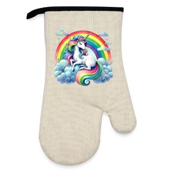 Licorne arc-en-ciel sur les nuages - Gant de cuisine avec revêtement en caoutchouc - lin/noir  - Devant