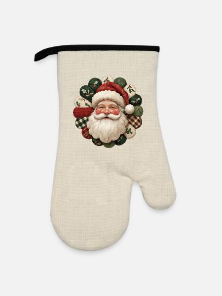 Patchwork Weihnachtsmann Motiv - Ofenhandschuh mit Gummibeschichtung - Leinen/Schwarz