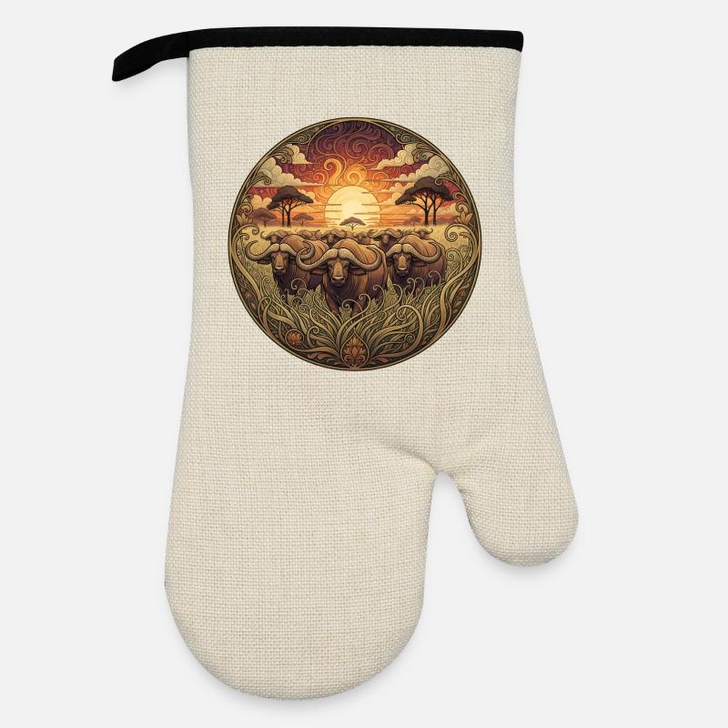 Wildebeest Sunset Circular Art - Oven glove with rubber coating - linen/black