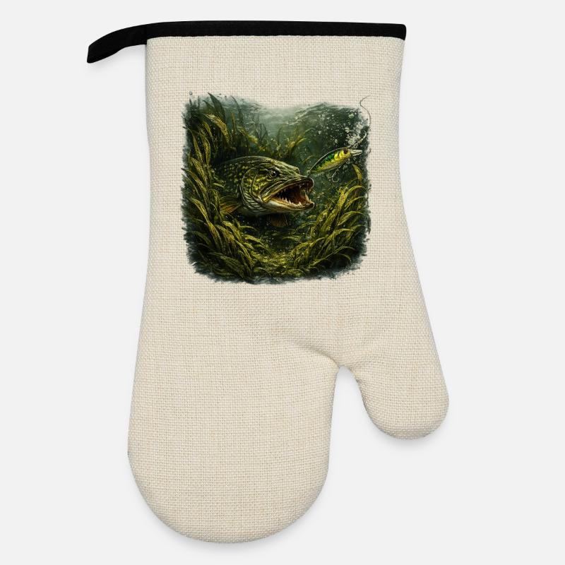 Hecht-Hinterhalt-Räuberfisch-Design - Ofenhandschuh mit Gummibeschichtung - Leinen/Schwarz 
