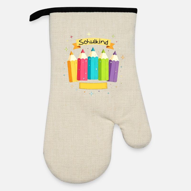 Schulkind 2026 - bunte Buntstifte mit Sternchen - Ofenhandschuh mit Gummibeschichtung - Leinen/Schwarz 