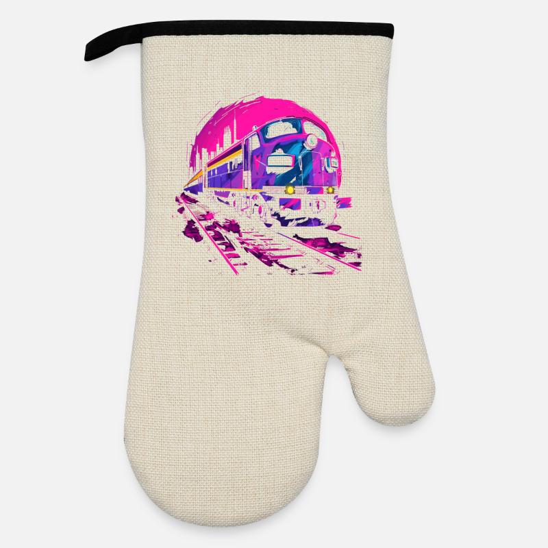 Retrowave Eisenbahn - Ofenhandschuh mit Gummibeschichtung - Leinen/Schwarz