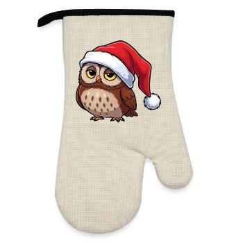 Cute Cartoon Owl Grumpy Christmas Hat Tawny Owl - Oven glove with rubber coating - linen/black  - Front