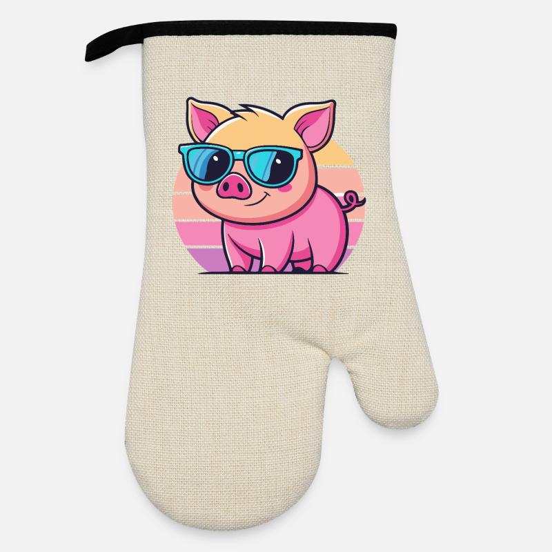 Cool Sun Pig mit blauer Brille - Ofenhandschuh mit Gummibeschichtung - Leinen/Schwarz 