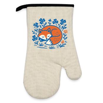 Sleeping Fox in Floral Night Garden - Oven glove with rubber coating - linen/black  - Front
