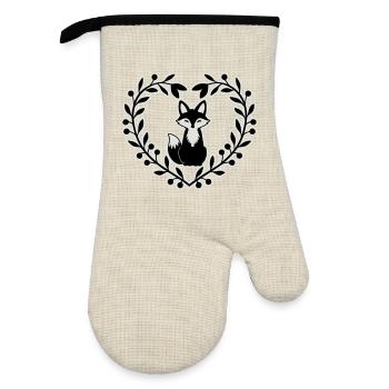 Niedlicher Fuchs im Blätterkranz – Handgezeichnete - Ofenhandschuh mit Gummibeschichtung - Leinen/Schwarz  - Vorne