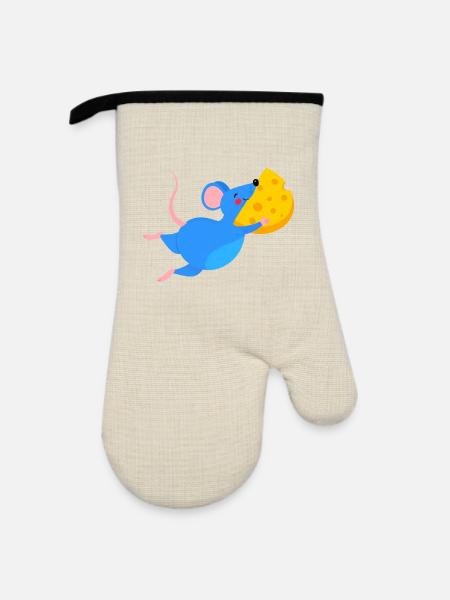 Fröhliche blaue Maus & gelber Käse - Ofenhandschuh mit Gummibeschichtung - Leinen/Schwarz 