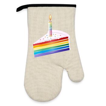 Piece of rainbow cake with birthday candle - Oven glove with rubber coating - linen/black  - Front
