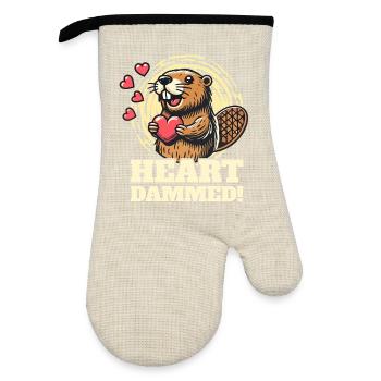 Heart Dammed - Cute Beaver Design for Valentine's Day - Oven glove with rubber coating - linen/black  - Front