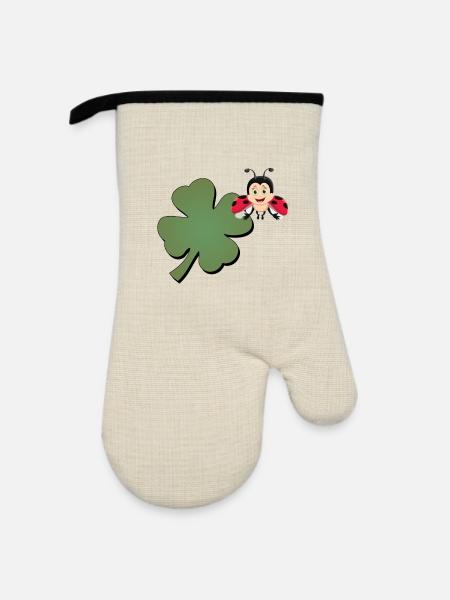 Kleeblatt mit Ladybug (Marienkäfer) - Ofenhandschuh mit Gummibeschichtung - Leinen/Schwarz 