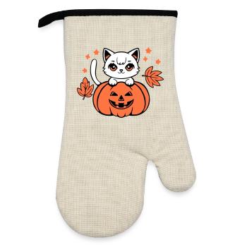 Autumn Cat White Pumpkin Maple Leaf Cute Halloween - Oven glove with rubber coating - linen/black  - Front