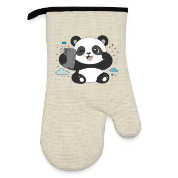 Un panda mignon prend un selfie – Motif amusant - Gant de cuisine avec revêtement en caoutchouc - lin/noir  - Devant