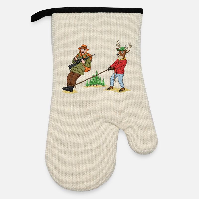 Waldschlepper-Duo: Jäger & Hirsch - Ofenhandschuh mit Gummibeschichtung - Leinen/Schwarz 