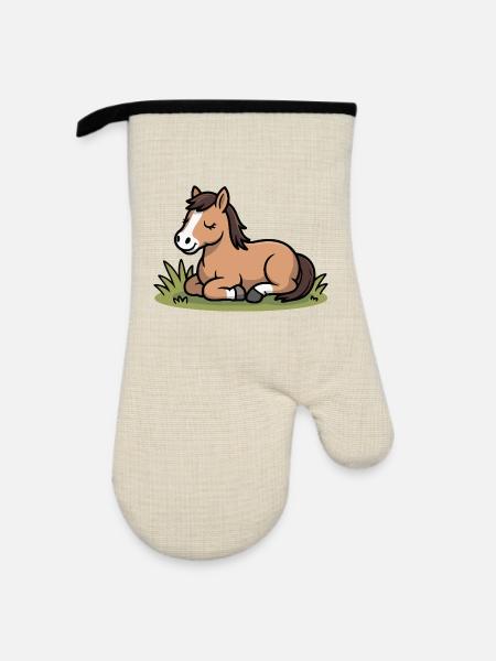 Kuscheliges Pferdchen im Gras - Ofenhandschuh mit Gummibeschichtung - Leinen/Schwarz