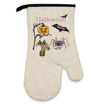 Halloween Pumpkin and Bat Design - Oven glove with rubber coating - linen/black  - Front